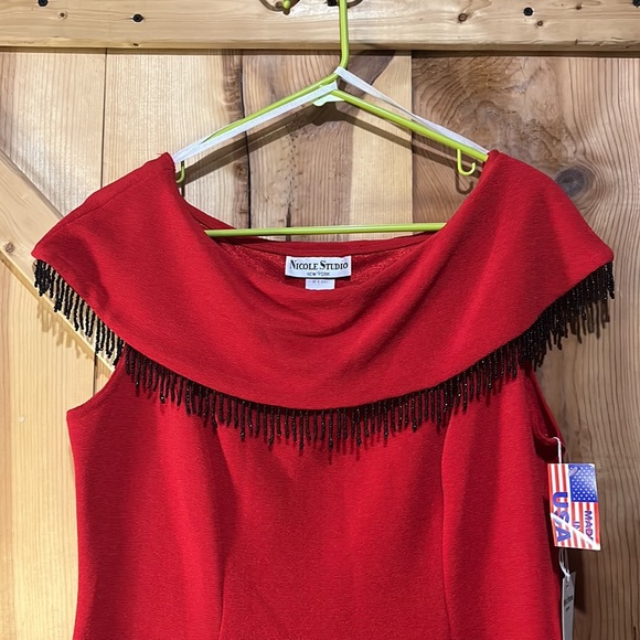 NWT Nicole Studio New York size 12 blouse red with black beaded fringe - Picture 3 of 6